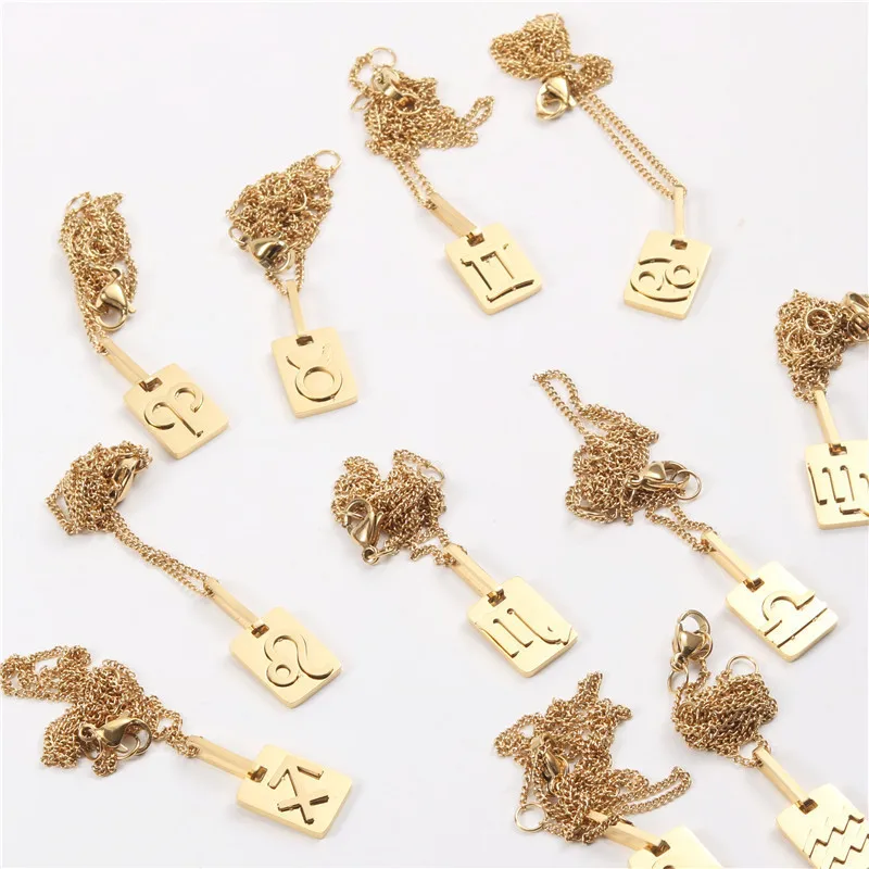 Простое трехмерное ожерелье из нержавеющей стали с подвеской в виде квадратной карты с 12 знаками Зодиака