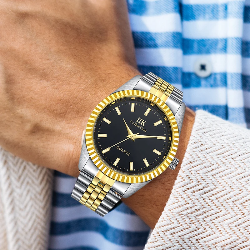 Classic Style IIK Watches Quartz Movement Alloy Metal Golden Luxury Steel Mens Watch