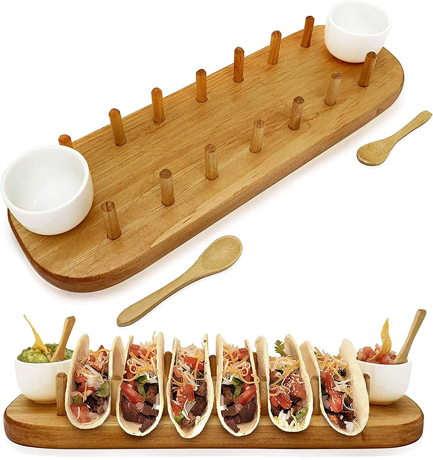 Wooden Taco Holder with Cup - Salsa Holder & Spoons - Hard & Soft Shell Taco Stand Plate - Mexican Taco Tuesday