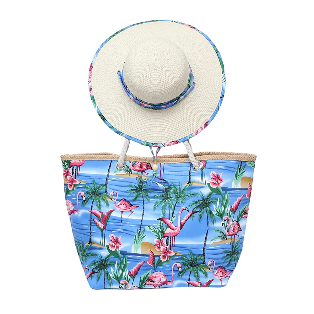 Custom Trendy Women Matching Design Printed Pattern Canvas Tote Bag Personalised Beach Girls Summer Beach Bag And Hat Set