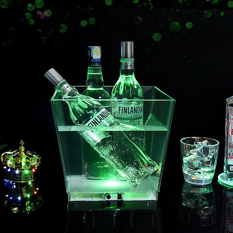 Promotional square shape logo color customized clear rechargeable 10L beer vodka LED  ice bucket Bar Wine Bottle cooler