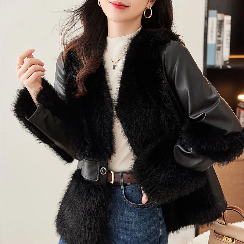 Elegant Women Fox Fur Collar Short Coat PU Leather Faux Fur Jacket