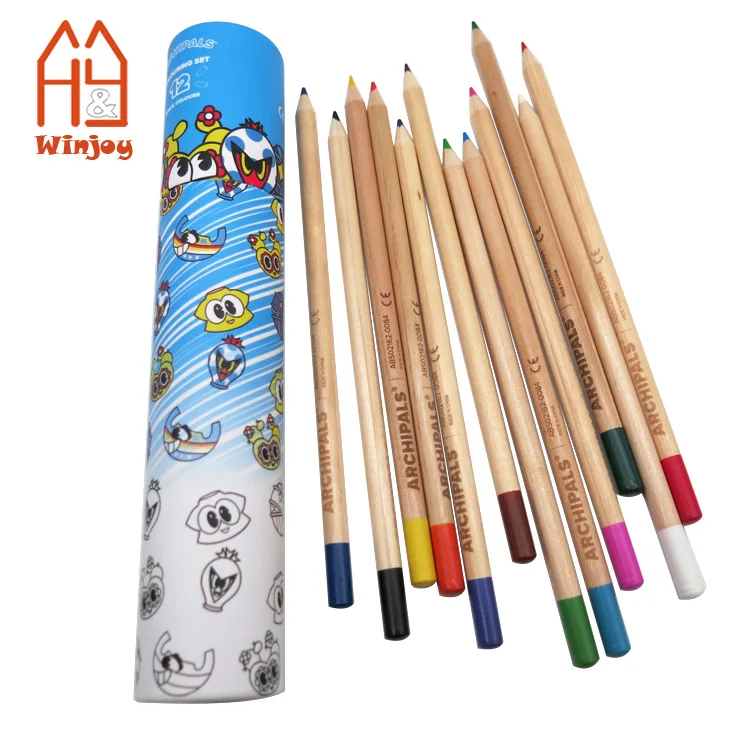 Custom 12 Colored Pencil Set With Cartoon Paper Tube,Natural Wood Engrave /Laser Logo Dip top Good Quality Promotional Gift