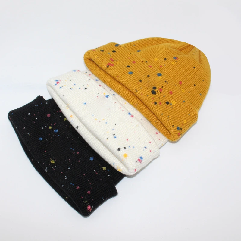 Двухслойная теплая шерстяная шапка с рисунком и рваными кожаными бирками модная мужская и женская холодная шапка без козырьков Складная вязаная шапка в стиле хип-хоп