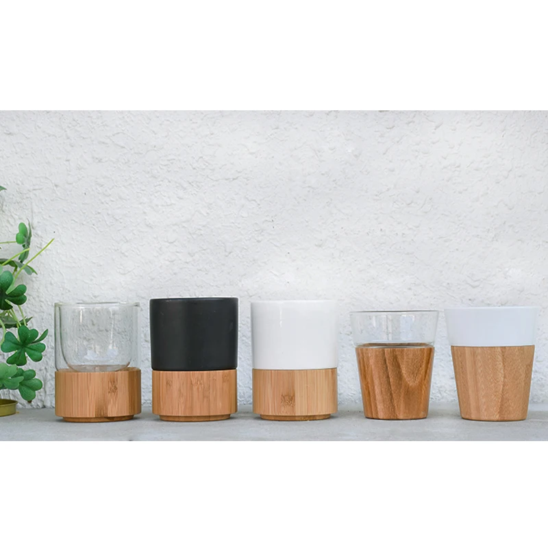 
Logo glass water cup ceramic coffee cup with bamboo bottom 