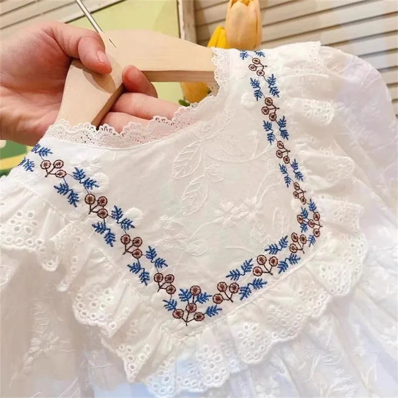 Sunny Baby 2024 Spring And Autumn Korean Style New Kids Clothing Cute Sweet Lace Embroidered Solid Color Toddler Girls Dress
