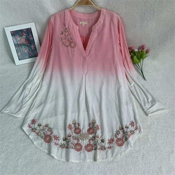 Large Loose Rayon Embroidered Hanging Dyed Summer Chinese Collar Fashion Casual Women Top