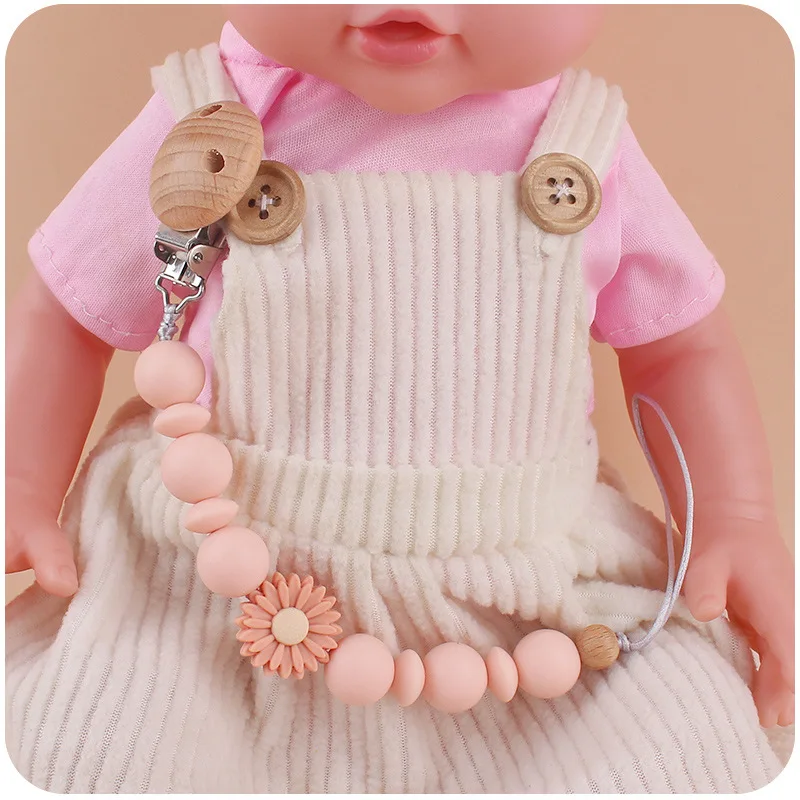 New Natural Food Grade Silicone Beads Cute Small Daisy bead Pacifier Clips Pacifier Holder Chain