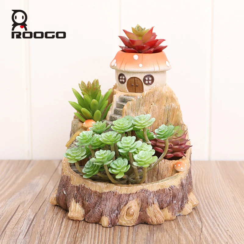 ROOGO Rustic Resin Micro Landscape Tree House Cottage Tall Outdoor Planters With Bunny Statue