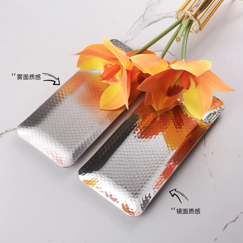 Korean Stainless Steel Fruit Tray Hammer Pattern Rectangular Ornament Jewelry Storage Tray Dessert Cake BBQ metal Tray