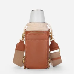 Custom Waterproof Sport Leather Sling Bottle Holder Handbag Drawstring Water Bottle Crossbody Purse Bag With Pocket