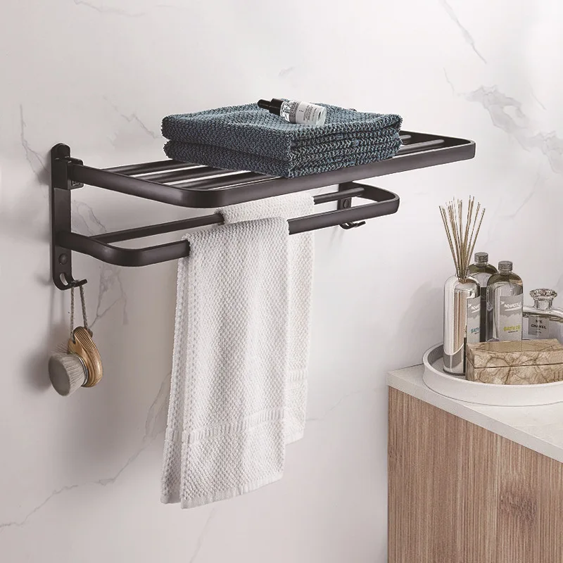 Bathroom Shelf Folding Black Space Aluminum Wall Hangers Bathroom Towel Racks Bathroom Hangers Towel Strips Without Punching
