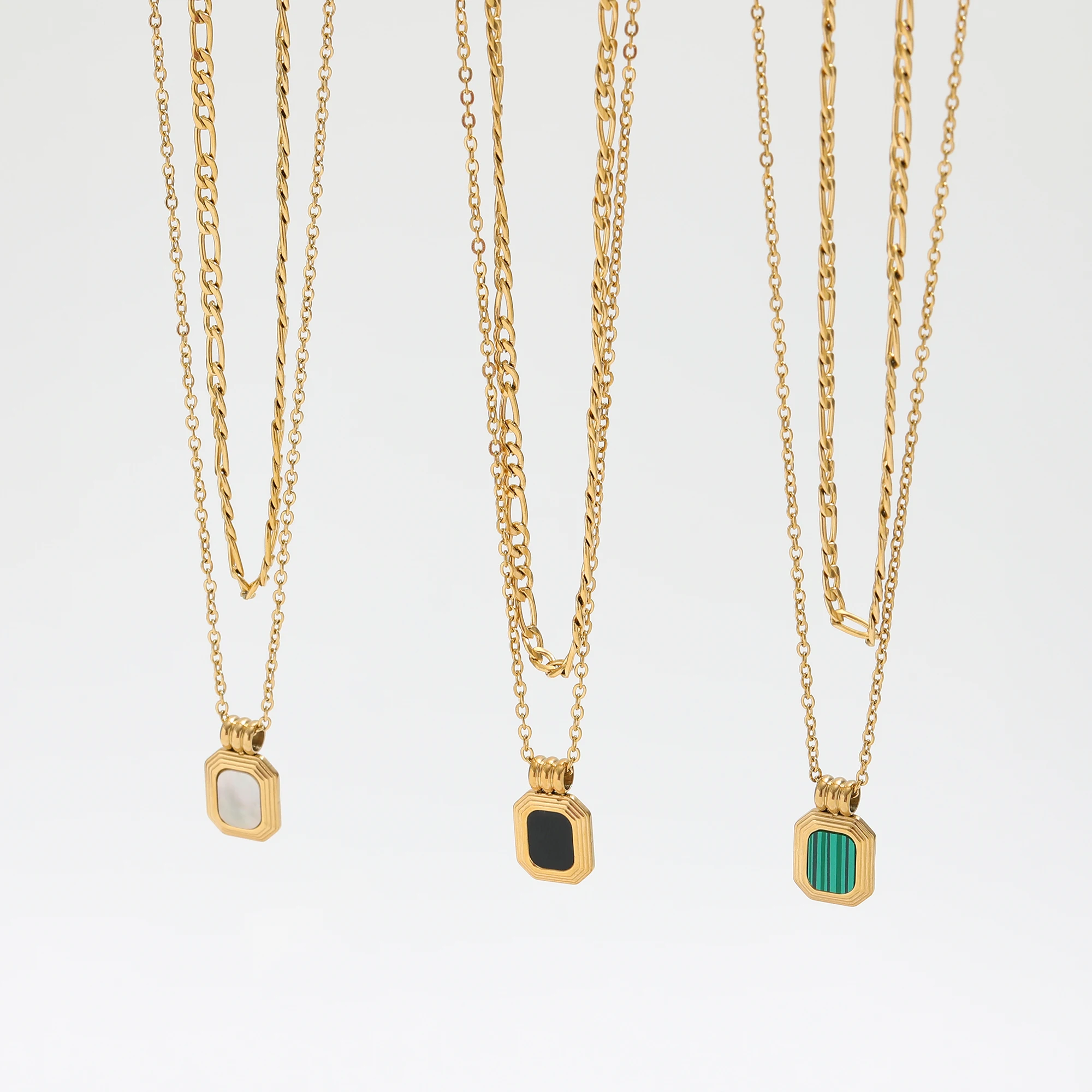 Joolim Jewelry 18K Gold Plated Double-Layer Mother of Pearl Onyx 2 Rows Layered Stainless Steel Necklace