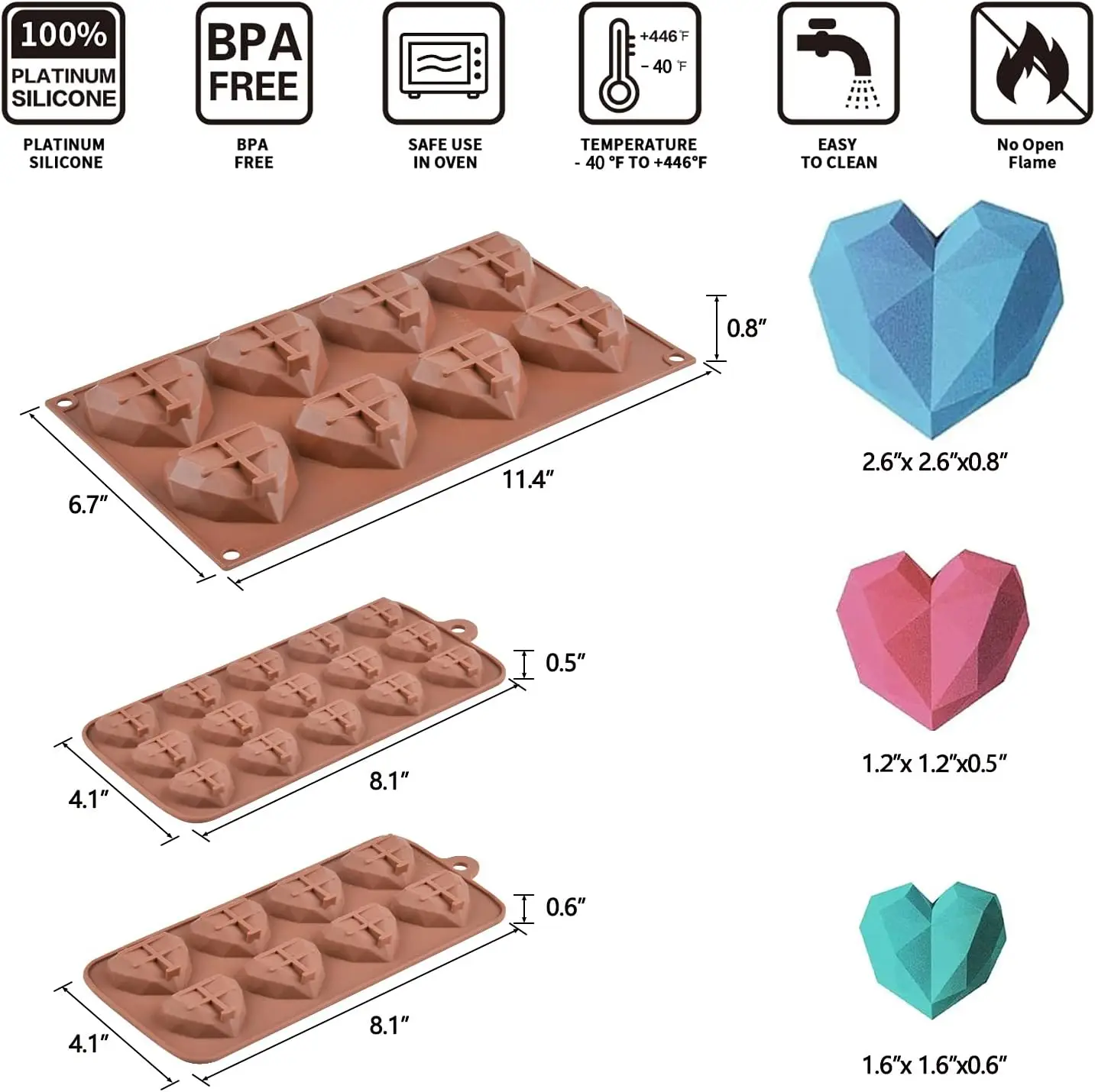 Heart Silicone Molds for Chocolate Large Medium Small Diamond Heart Shaped Cake Mold Set Mini Heart Candy Molds for Wax Melts