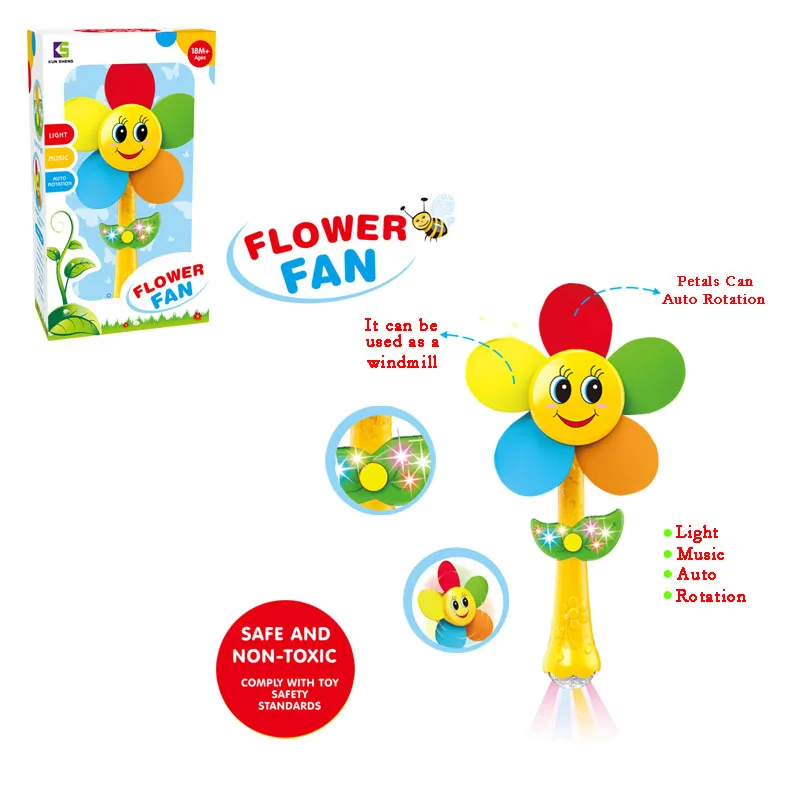 
2020 hot selling auto rotation flower windmill plastic blade music and light mini fan toy for kids 