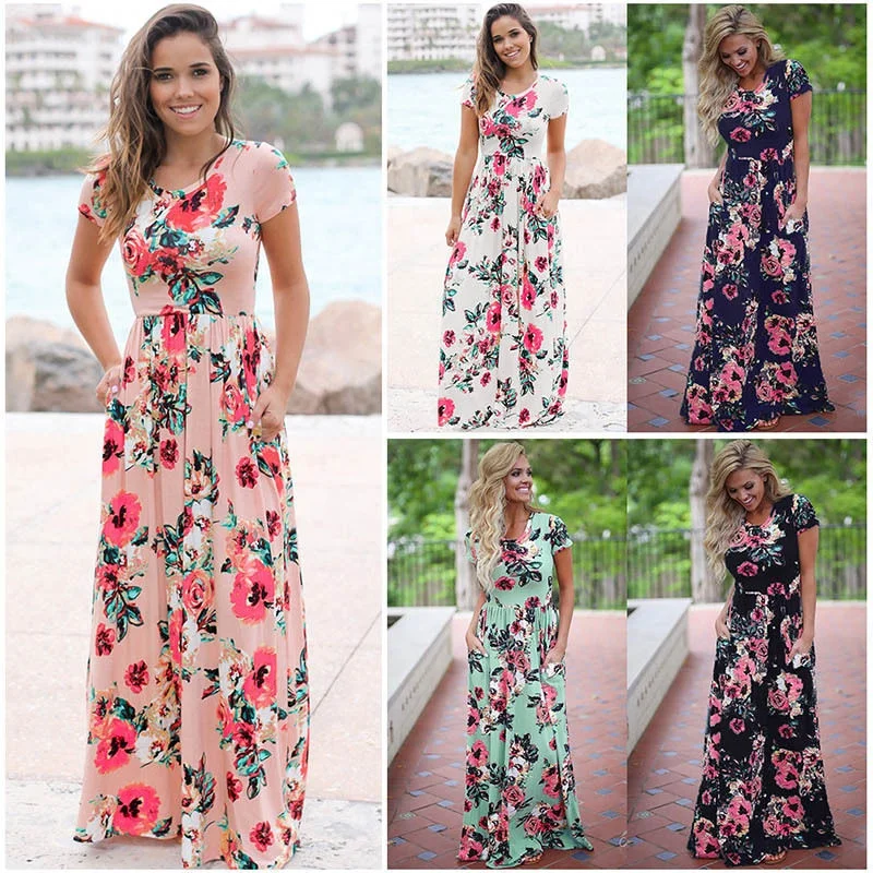 Women Floral Print Boho Beach Dress Long Dress