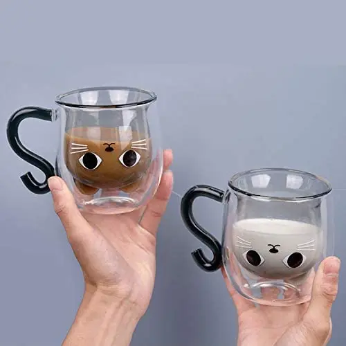 Cute Cat Mug Tea Glass Cup Double-layer High Temperature Resistant High Borosilicate glass Cup Latte Cappuccino Christmas Glass