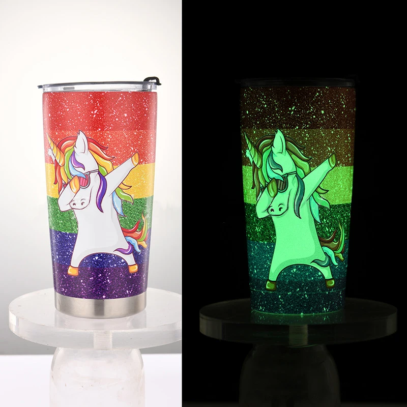 customized glitter stainless steel tumbler cups wholesale double wall white green 20oz glow in the dark tumblers