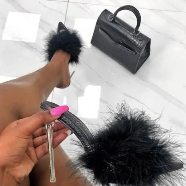 Crystal High Heels Woman Feather Fur Slippers Pumps Women Peep Toe Mules Lady Slippers Transparent Slides White Thin Heels PU