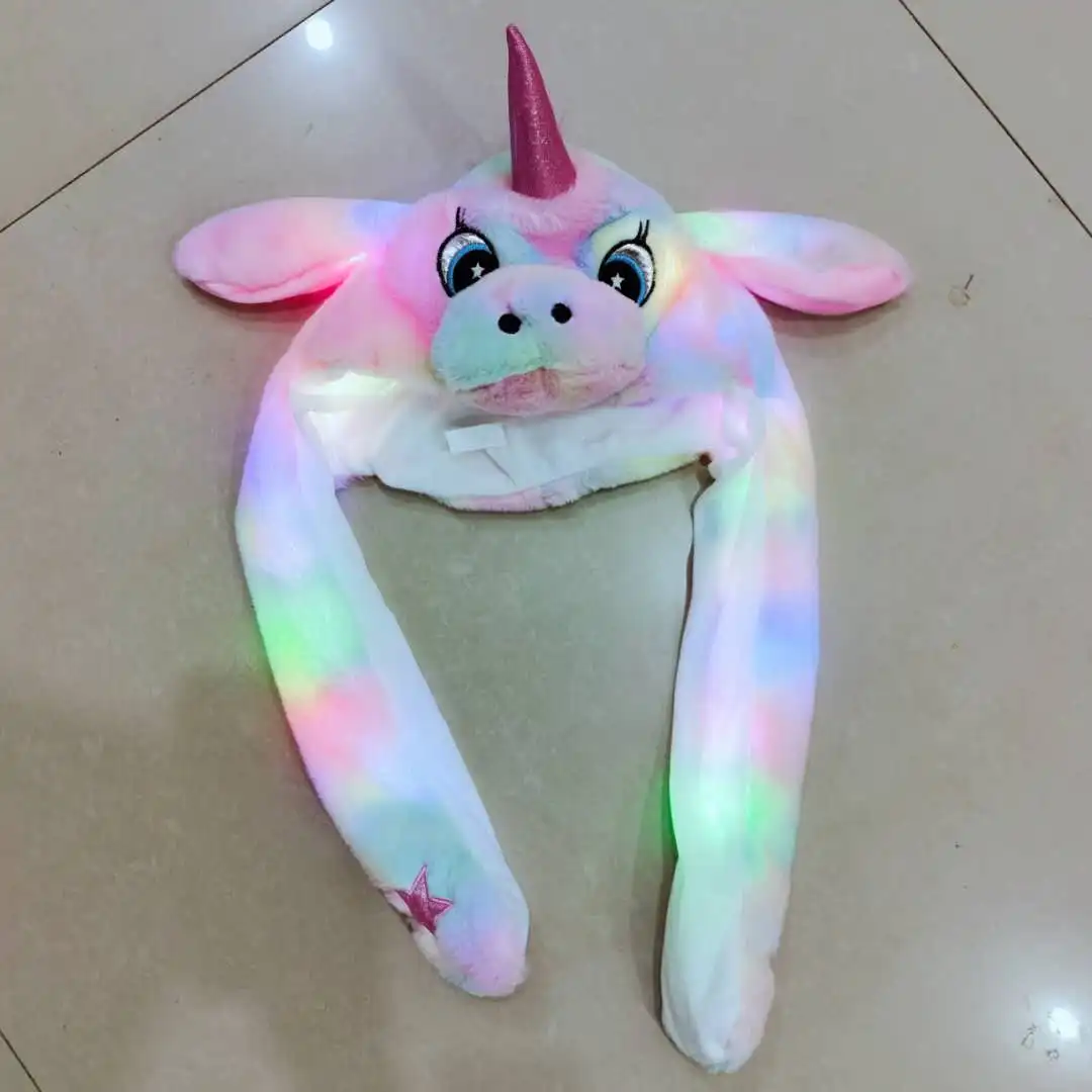Popular Plush Led light Glowing Moving Ear Horse Hat Moving Ears White Kawaii Horse Hat Funny Animal Air Pumping Caps