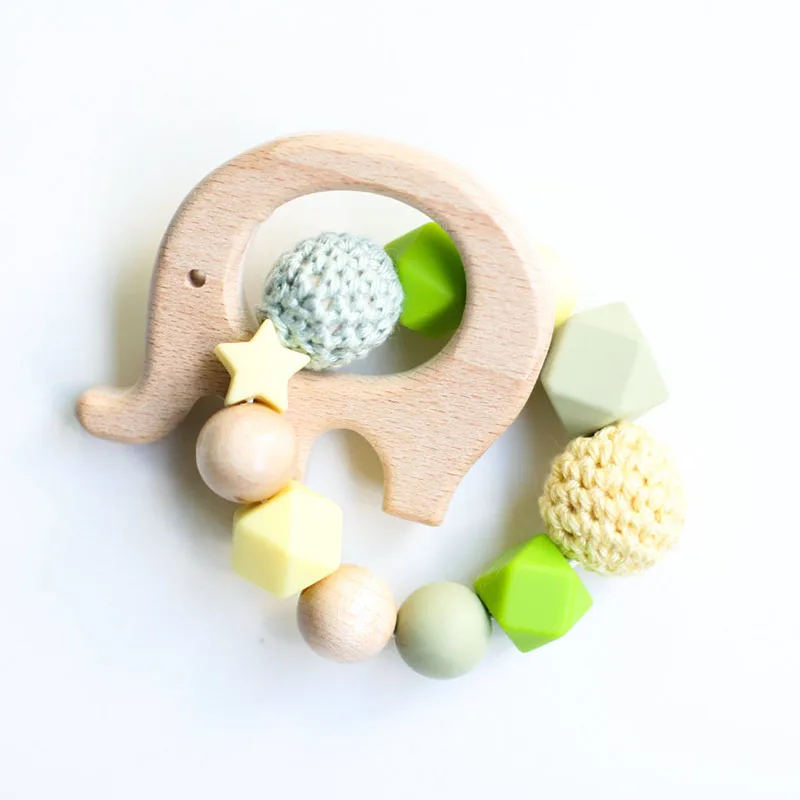 Newborn Baby Crochet Silicone Beads Teething Bracelet With Wooden Animal Leaf Teether Ring