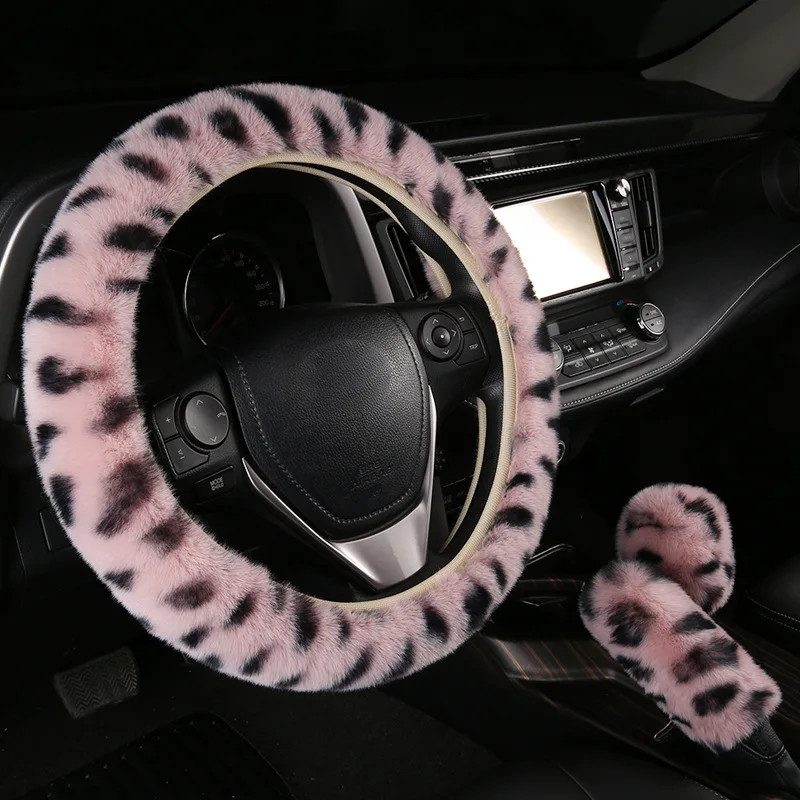 Wholesale winter wool steering wheel cover car fur leather leopard printed steering wheel cover