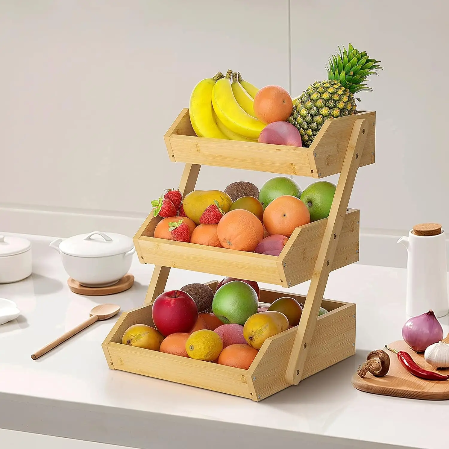 Large 3-Tier Bamboo Fruit Basket Stand Modern Kitchen Countertop Fruit Holder Bread Vegetables Produce Home Storage