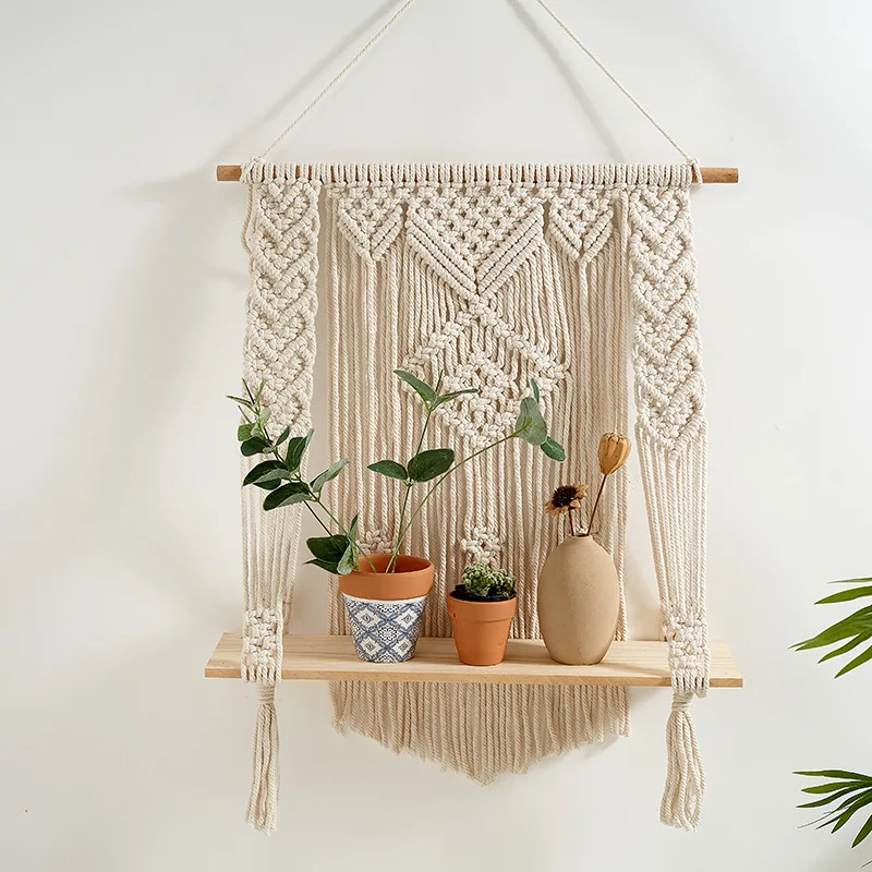 Домашняя декоративная плетеная настенная полка для макраме из хлопка ручной работы подвесная гобелена цветочных