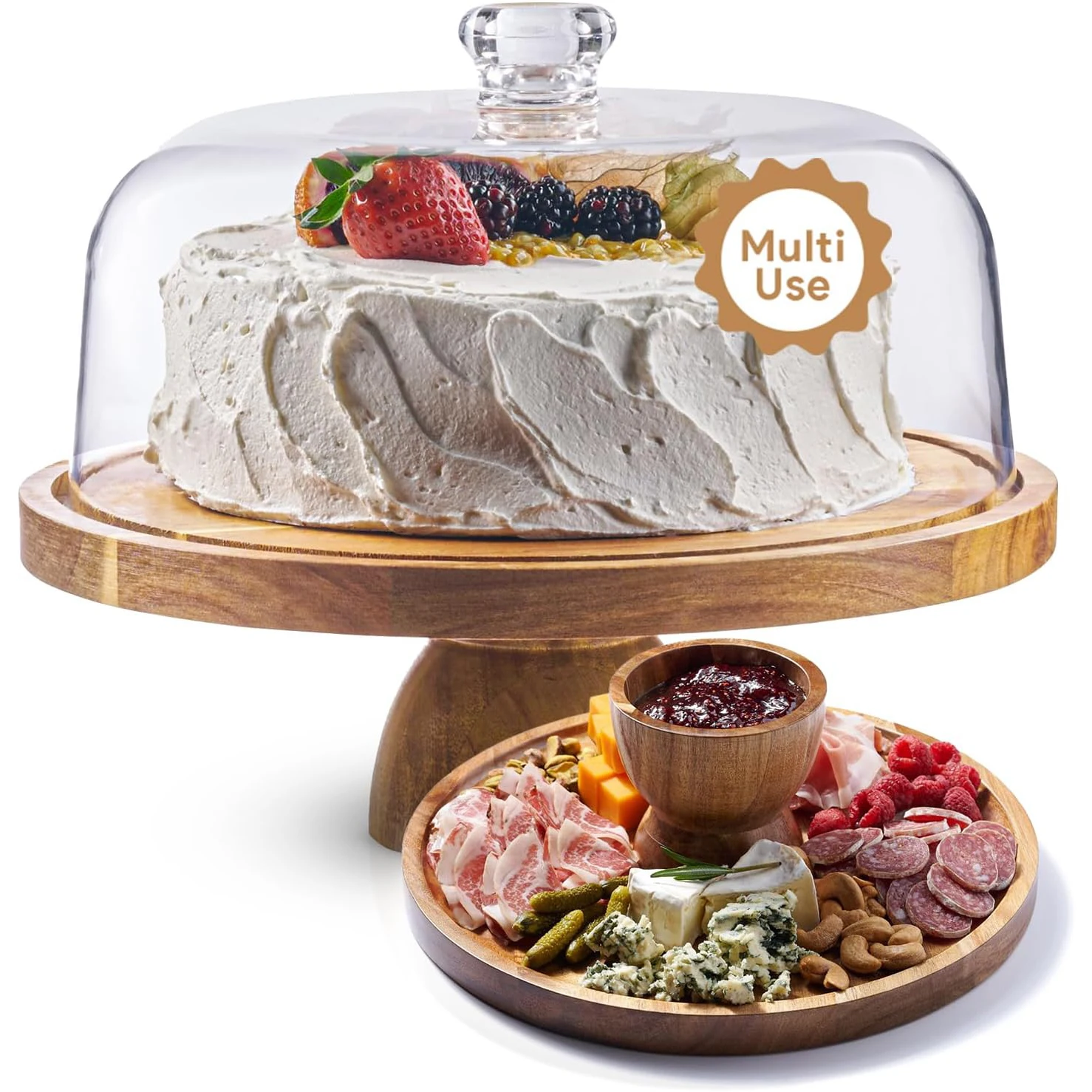 Dome Cover Wood Cake Stand with Lid Round Cake Holder Dessert Table Display Set Charcuterie Board for Cheese Chips & Dips Nachos