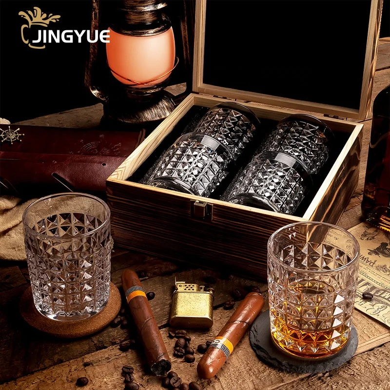 10 oz Custom Logo Modern Diamond Liquor Drinking Glassware Whiskey Set Wooden Gift Box with 4 Crystal Old Fashion Glasses