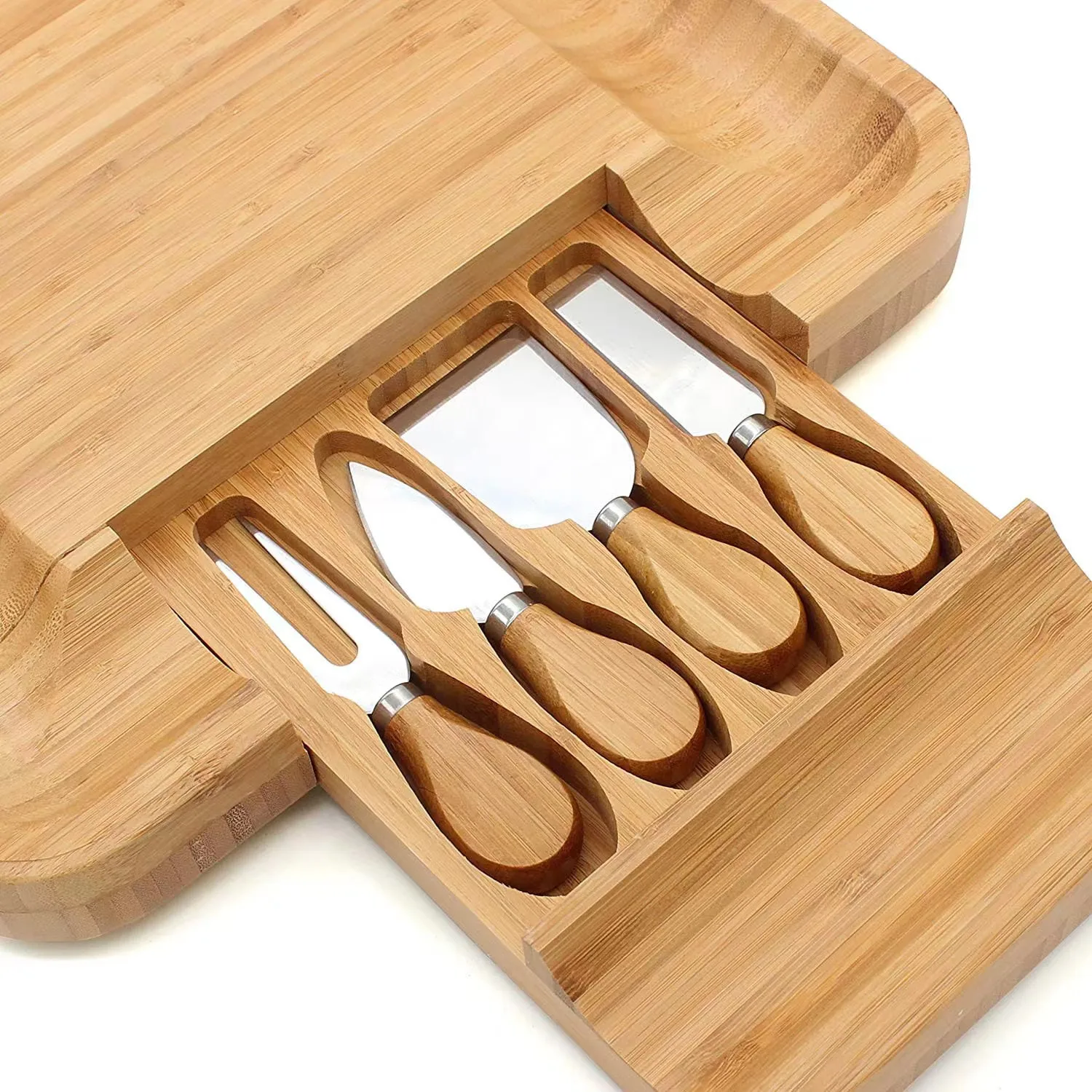 Unique Square Bamboo Cheese Board and Knife Set Serving Tray Multifunction Charcuterie Platter for Crackers Meat