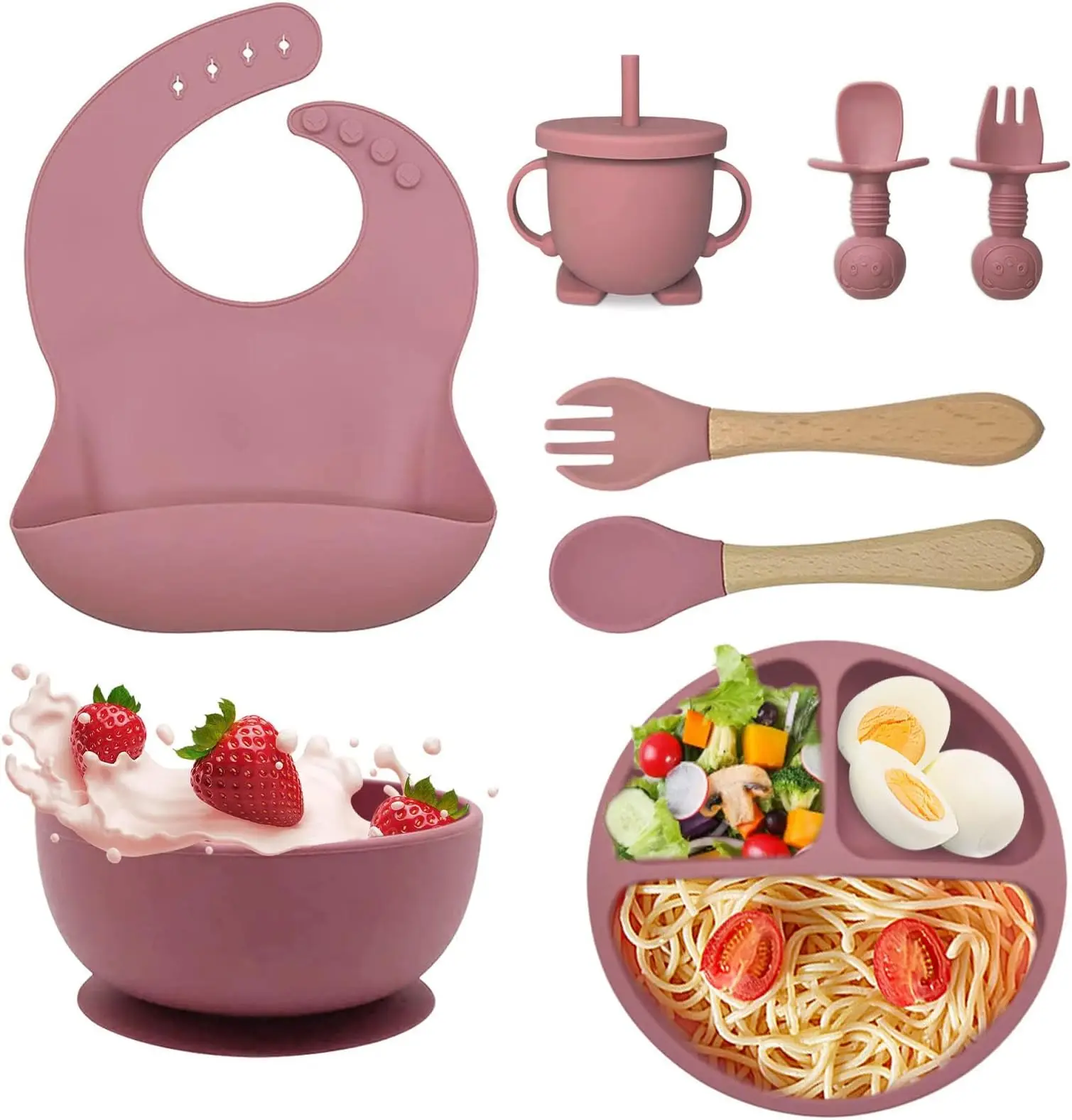 Factoey Customize logo hot sale  baby suction bowl with spoon and fork and bib silicone baby feeding set