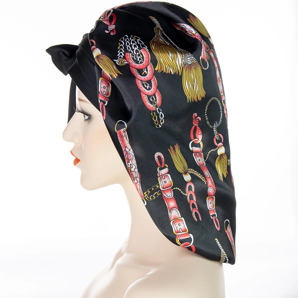 Wholesale hot selling new wide side long tail extra large shower cap Fashion printed ladies large color night cap