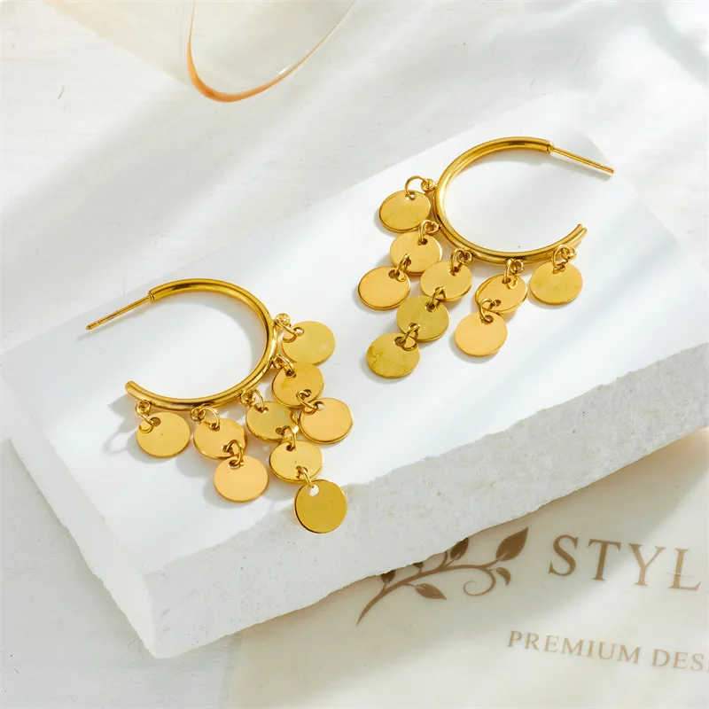 Vintage Stainless Steel 18k Gold Plated Geometric Chandelier Round Disk Tassel Dangle Earrings for Women