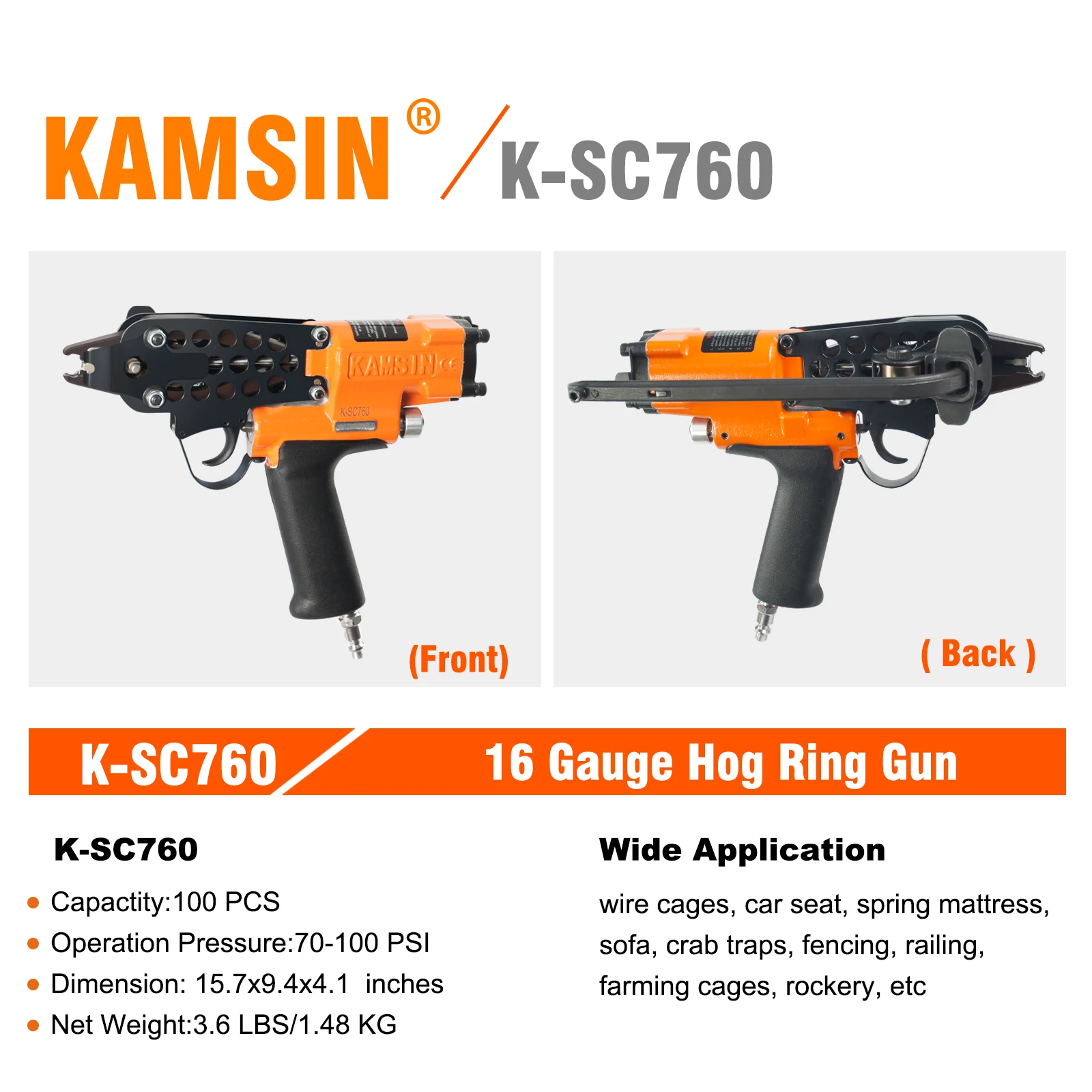 SC760 C Ring Gun16 Gauge 1/2-Inch Crown 3.0-4.8 mm Closure Diameter Pneumatic Hog Ring Gun for Spring Mattress, Fencing