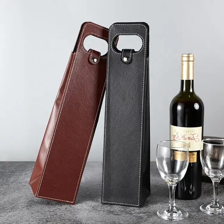Luxury PU Leather Wine Bag For Whiskey Double Bottle Back Gift Wine Bottle Cover Bag With Handle