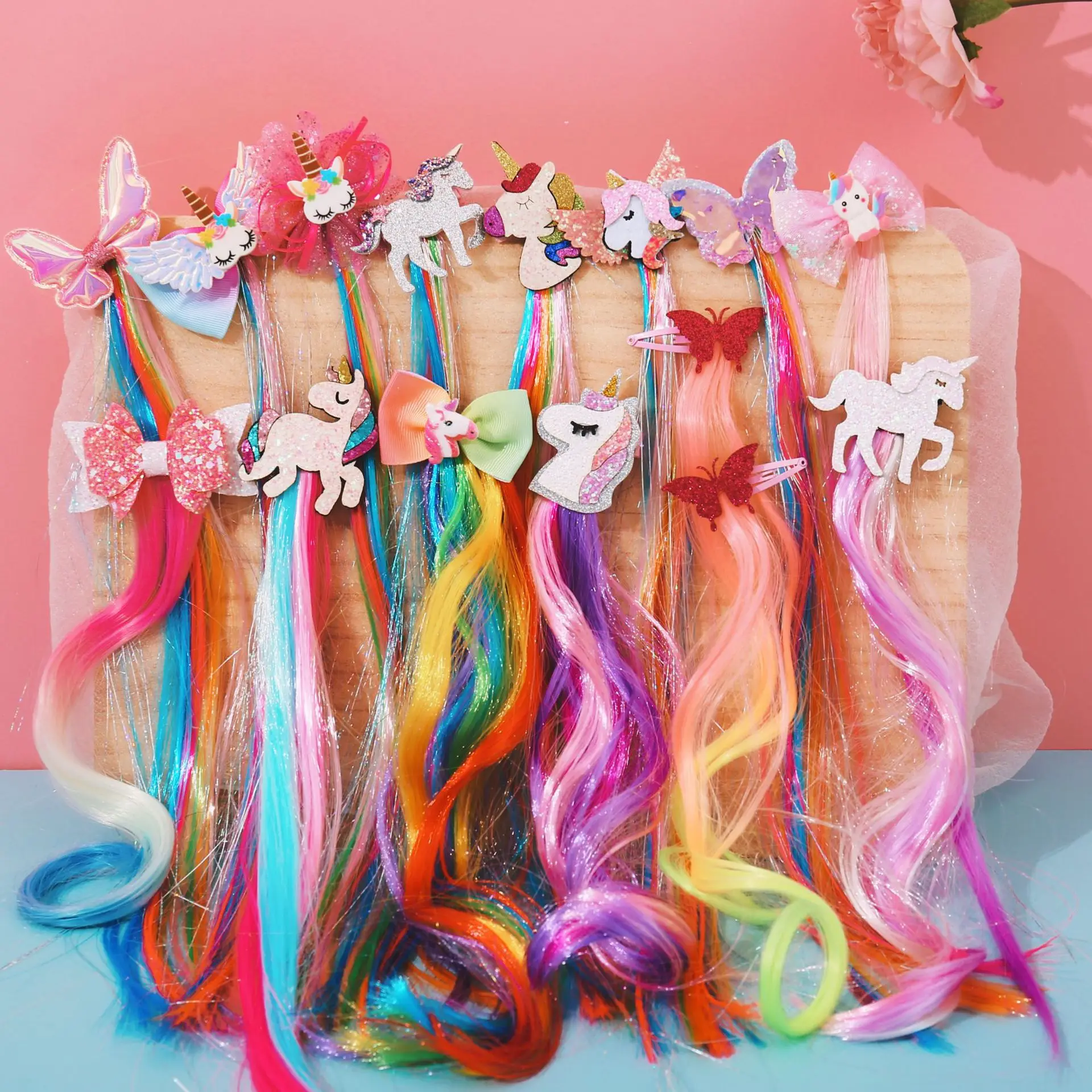 Mixed Colors Kids Unicorn Hair Clips Curly Wave butter Hair Hairpin Extensions  Hairpieces Hairpins For Girls Princess