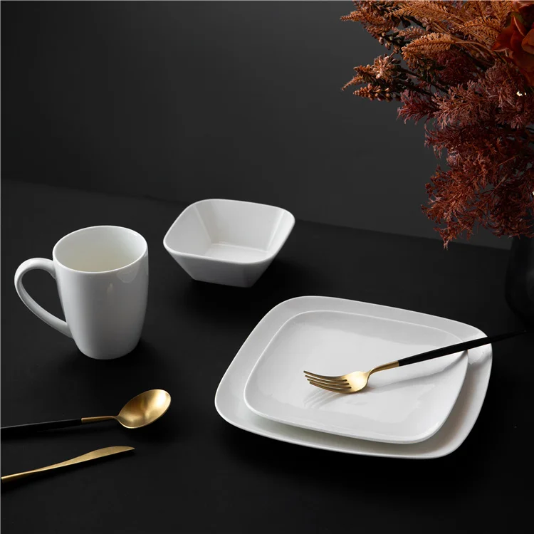 High Quality Restaurant Square White Ceramic Tableware Dinning  Plates and Bowls Dinnerware Set for Catering