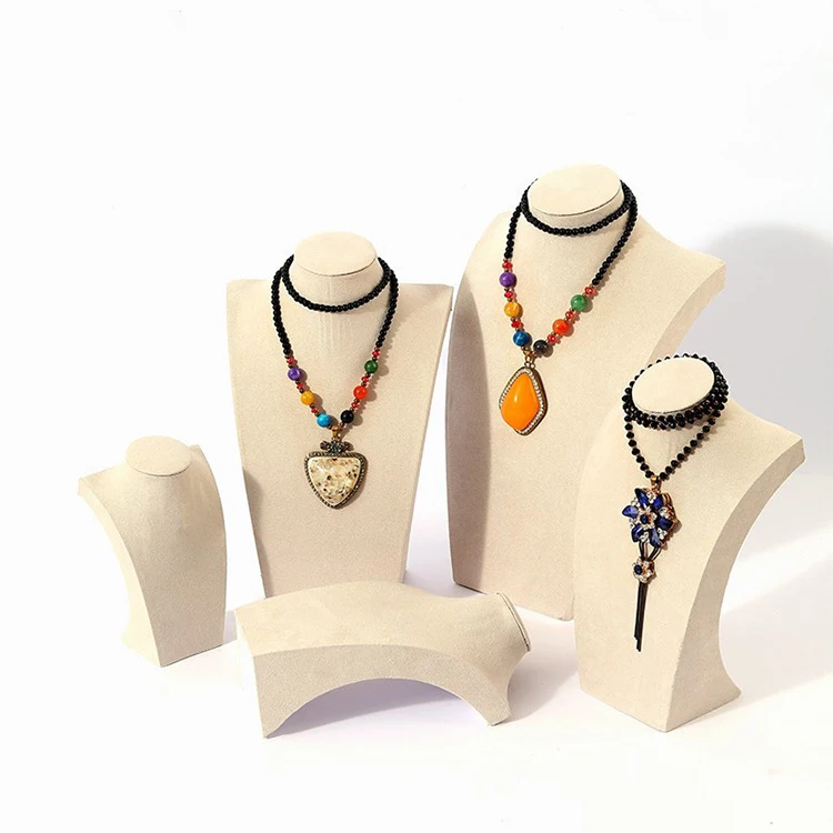 Wholesale Pendant Holder Mannequins Bust Torso Jewellery Display Set Dark Gray Beige Velvet Gray Color Jewelry Necklace Display