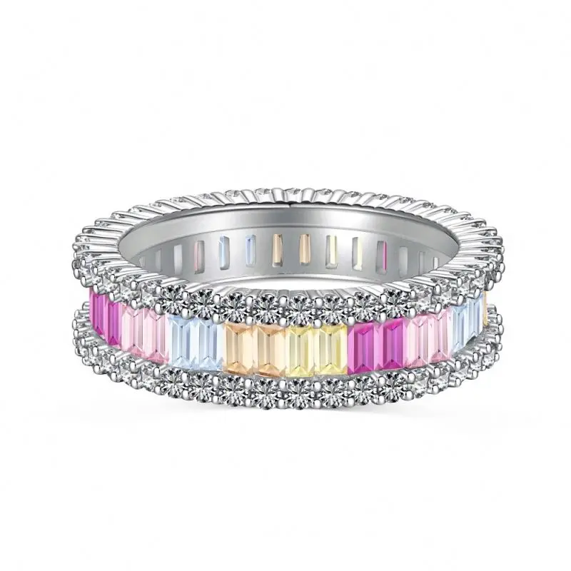 Dylam Hot Sale Colorful 925 Sterling Silver Ring Eternity Band Rainbow Pink Diamond Wedding Cubic Zirconia Rings Jewelry Women