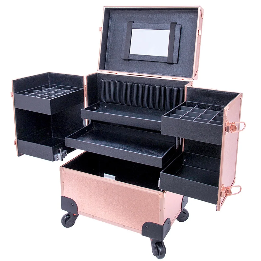 Wholesales Luxury Professional Aluminum Cosmetic Case and Beauty Hairdressing Case with Wheels for Nailsalon and Cosmetic Bags &