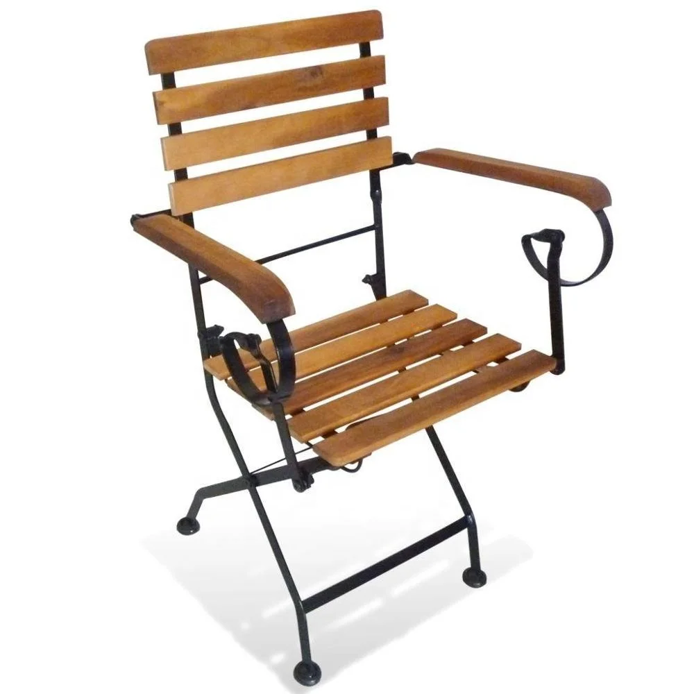 Classic Solid Wood Steel Frame Folding Cafe Bistro Outdoor Reclining Armchair