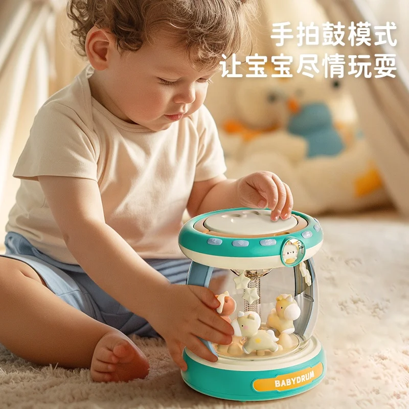 Early Educational Baby LED Projection Musical Drum Toy with Rotating Lights and Sounds Microphone
