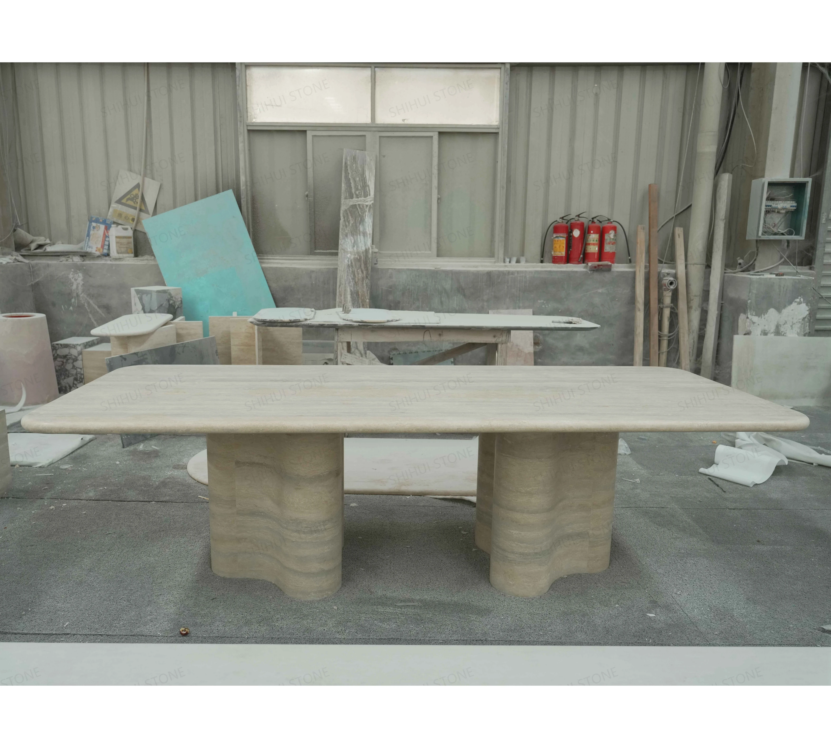 SHIHUI Customize Natural Pakistan Blue Travertine Rectangle Marble Travertine Dining Table Stone Dining Room Furniture