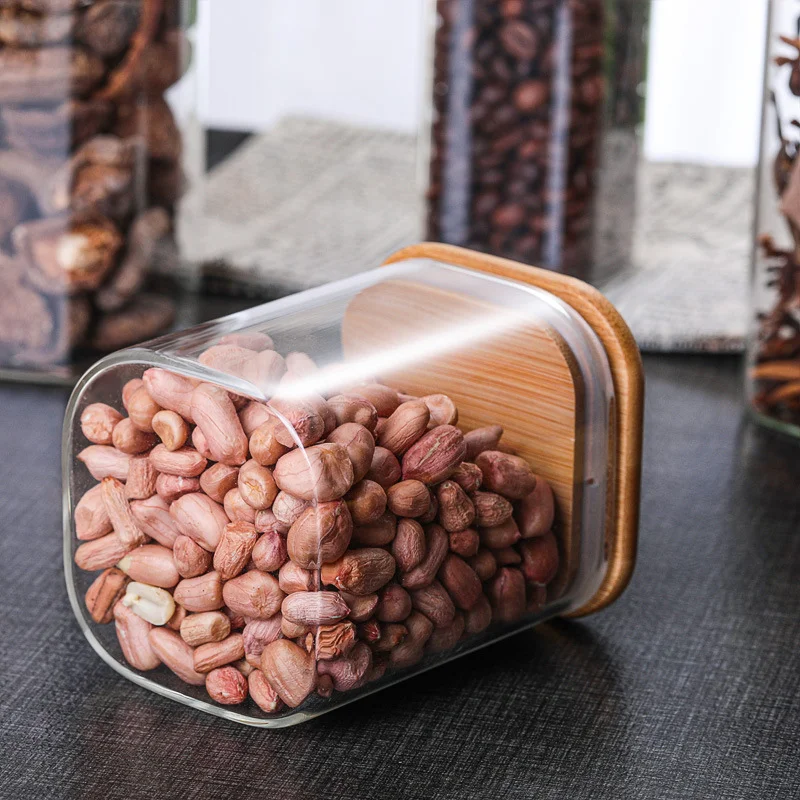 Transparent food spice glass bamboo wooden lid container storage jars for with bamboo cork lid