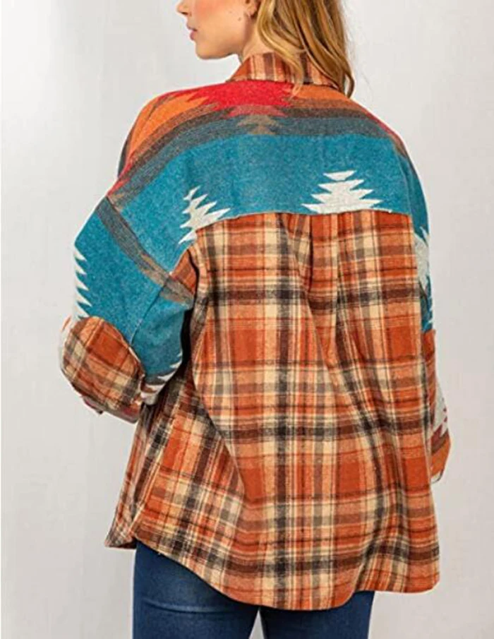 Women Fashion Button Pocket Woolen Coat Stylish Western Ethic Aztec Print Plaid Patchwork Jacket