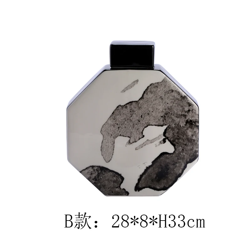 Chines Luxury Octagonal Flat Vase Chinese Ink Painting Decorative Ceramic Jar for Storage And Decoration