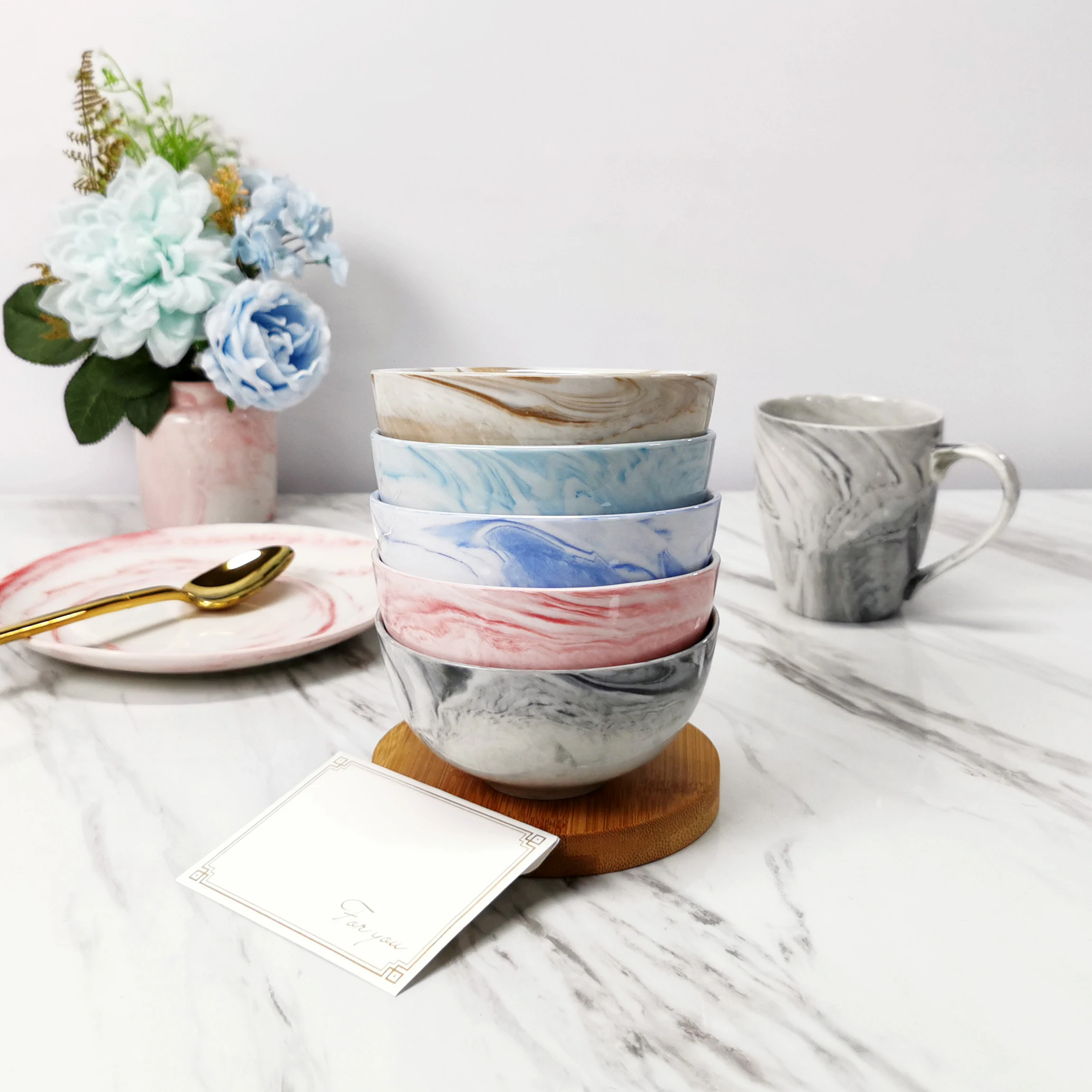 
WKTB001 grey black marble large round bowl soup noodle cereal salad fruit pasta ceramic bowl custom logo porcelain rice bowl set 