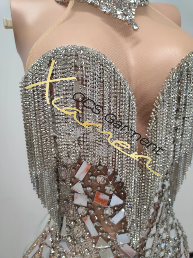 Ocstrade Women Sexy Mini Club Dresses 2024 Crystal Neck Mirror Full Tassel Silver Rhinestones Costume Women Party Dresses Sheer