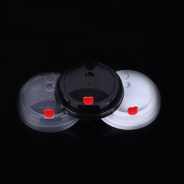 90mm Diameter Black Plastic PP Injection Cup Lid With Stopper Plug For Bubble Tea